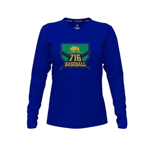 [CUS-DFW-TEES-CMF-VNK-LSL-RYL-FYXS-LOGO1] Decker Comfort T-Shirt (Female Youth XS, Royal, V Neck, Logo 1, Long Sleeve)