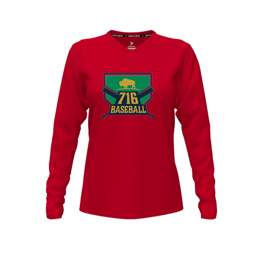 [CUS-DFW-TEES-CMF-VNK-LSL-RED-FYXS-LOGO1] Decker Comfort T-Shirt (Female Youth XS, Red, V Neck, Logo 1, Long Sleeve)