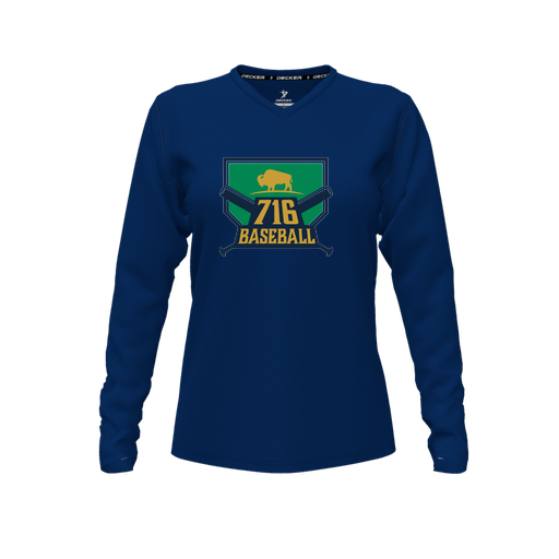 [CUS-DFW-TEES-PER-VNK-LSL-NVY-FYXS-LOGO1] Decker Performance T-Shirt (Female Youth XS, Navy, V Neck, Logo 1, Long Sleeve)